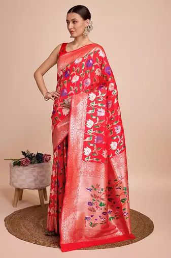 Red woven paithani style saree with blouse piece