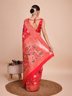 Red woven paithani style saree with blouse piece 5