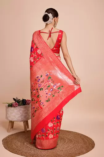 Red woven paithani style saree with blouse piece