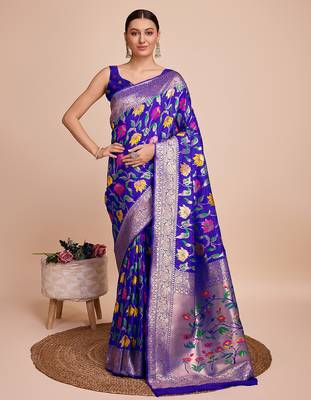 Royal blue woven paithani style saree with blouse piece 1
