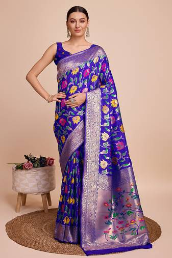 Royal blue woven paithani style saree with blouse piece