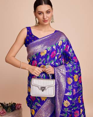 Royal blue woven paithani style saree with blouse piece 2