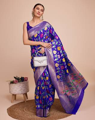 Royal blue woven paithani style saree with blouse piece 3