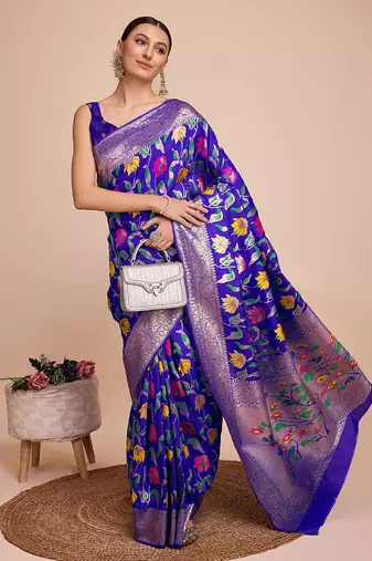 Royal blue woven paithani style saree with blouse piece