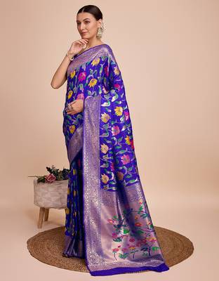 Royal blue woven paithani style saree with blouse piece 4