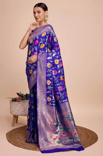 Royal blue woven paithani style saree with blouse piece