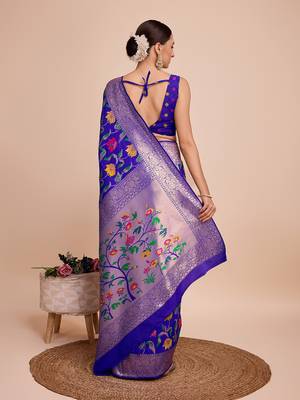 Royal blue woven paithani style saree with blouse piece 5