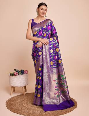 Violet woven paithani style saree with blouse piece 1