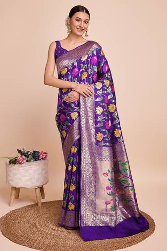 Violet woven paithani style saree with blouse piece
