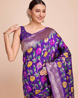 Violet woven paithani style saree with blouse piece 2