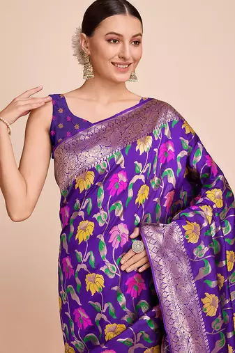Violet woven paithani style saree with blouse piece