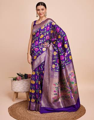 Violet woven paithani style saree with blouse piece 3