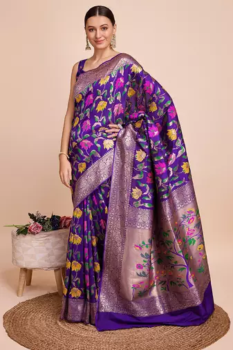 Violet woven paithani style saree with blouse piece
