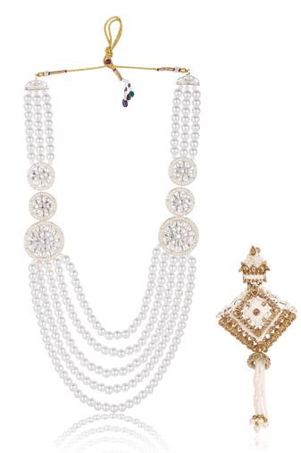 Layered pearl groom mala with gold-plated brooch     classic elegance