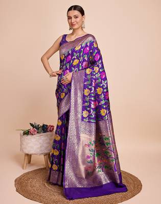 Violet woven paithani style saree with blouse piece 4
