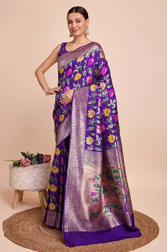 Violet woven paithani style saree with blouse piece