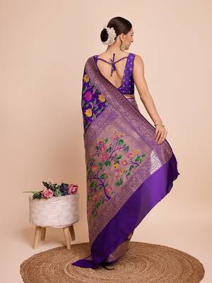 Violet woven paithani style saree with blouse piece 5