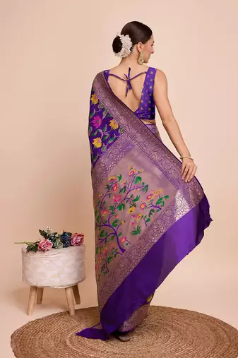 Violet woven paithani style saree with blouse piece