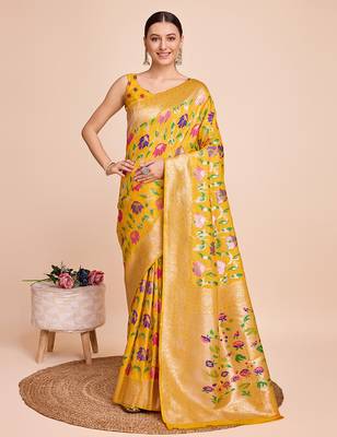 Yellow woven paithani style saree with blouse piece 1