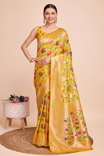 Yellow woven paithani style saree with blouse piece