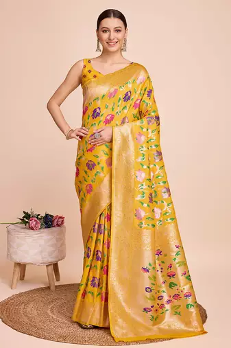 Yellow woven paithani style saree with blouse piece