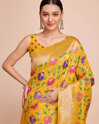 Yellow woven paithani style saree with blouse piece 2