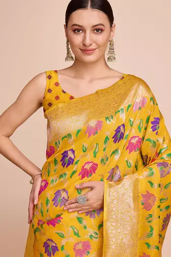 Yellow woven paithani style saree with blouse piece