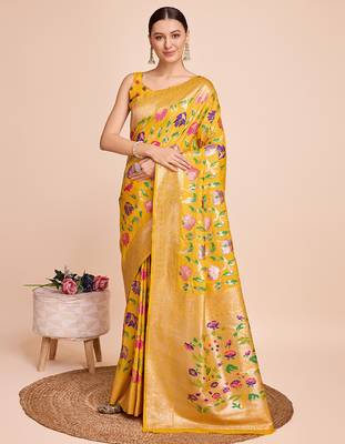 Yellow woven paithani style saree with blouse piece 3