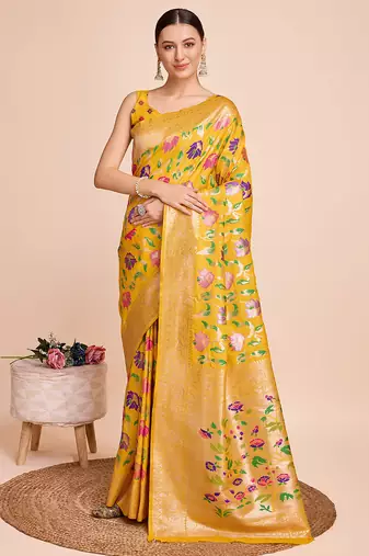 Yellow woven paithani style saree with blouse piece