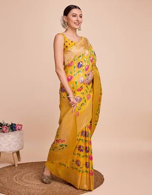 Yellow woven paithani style saree with blouse piece 4