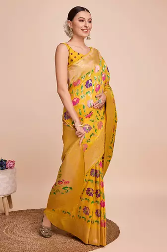 Yellow woven paithani style saree with blouse piece