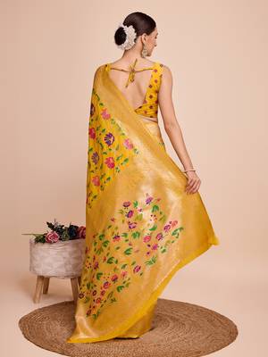 Yellow woven paithani style saree with blouse piece 5
