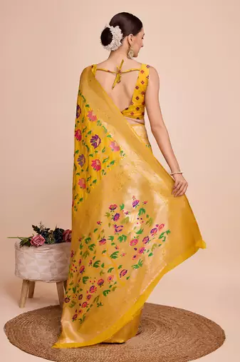 Yellow woven paithani style saree with blouse piece
