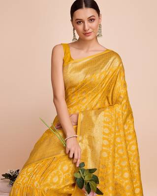 Yellow woven banarasi design saree with blouse piece 2