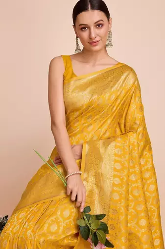 Yellow woven banarasi design saree with blouse piece