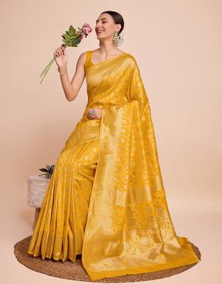 Yellow woven banarasi design saree with blouse piece 3