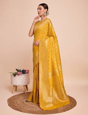Yellow woven banarasi design saree with blouse piece 4