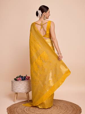 Yellow woven banarasi design saree with blouse piece 5