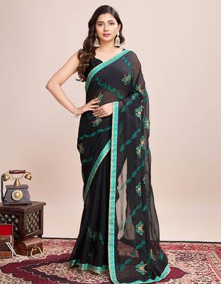 Green embroidered georgette saree with blouse piece 1