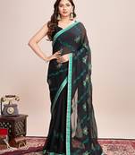 Green embroidered georgette saree with blouse piece