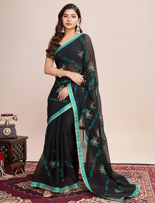 Green embroidered georgette saree with blouse piece 3
