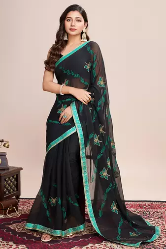 Green embroidered georgette saree with blouse piece