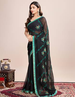 Green embroidered georgette saree with blouse piece 4