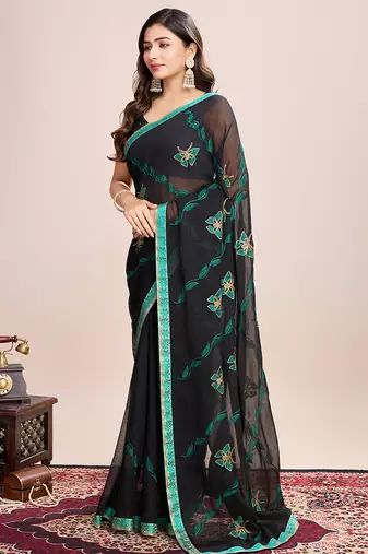 Green embroidered georgette saree with blouse piece