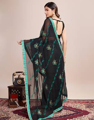 Green embroidered georgette saree with blouse piece 5