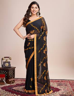 Mustard embroidered georgette saree with blouse piece 1