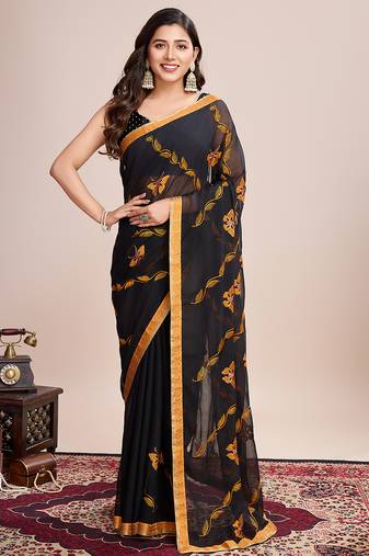 Mustard embroidered georgette saree with blouse piece