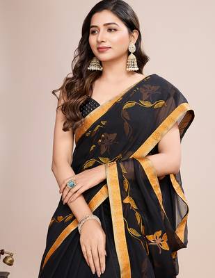 Mustard embroidered georgette saree with blouse piece 2