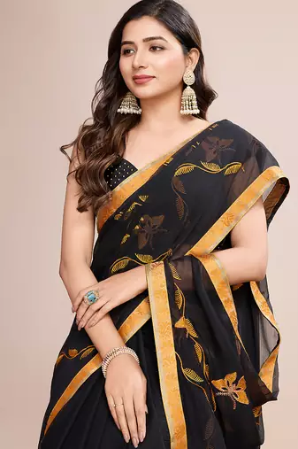 Mustard embroidered georgette saree with blouse piece