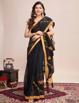 Mustard embroidered georgette saree with blouse piece 3